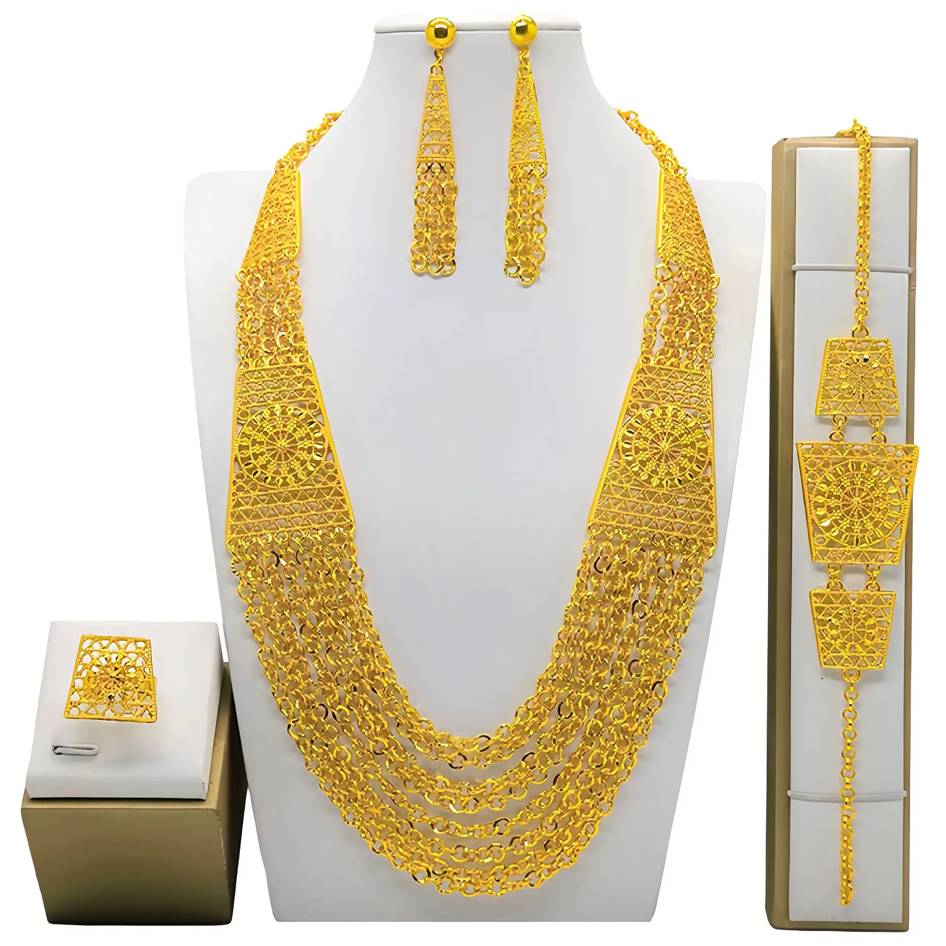 Imagem -02 - Conjunto de Jóias para Mulheres Colar Banhado a Ouro 24k Brincos Anel Pulseiras Joias para Mulheres Indianas Bu10257