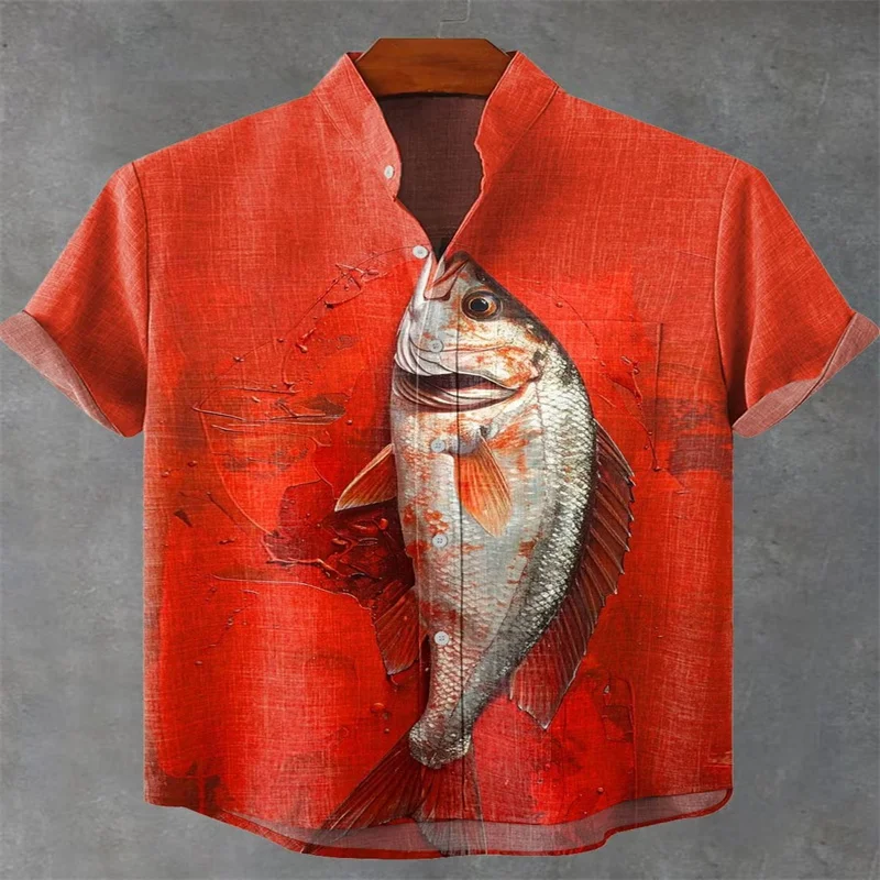 Men's Summer Red Fish Graphic Print Short Sleeve Shirt Casual Stand Collar Button Up Blouse