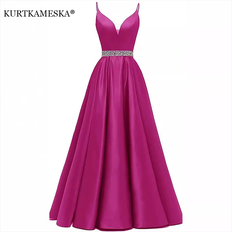 7 Colors Spaghetti Strap Satin Evening Dress Deep V Rhinestone Waistband A-Line Floor Length Formal Prom Wedding Bridesmaid Gown