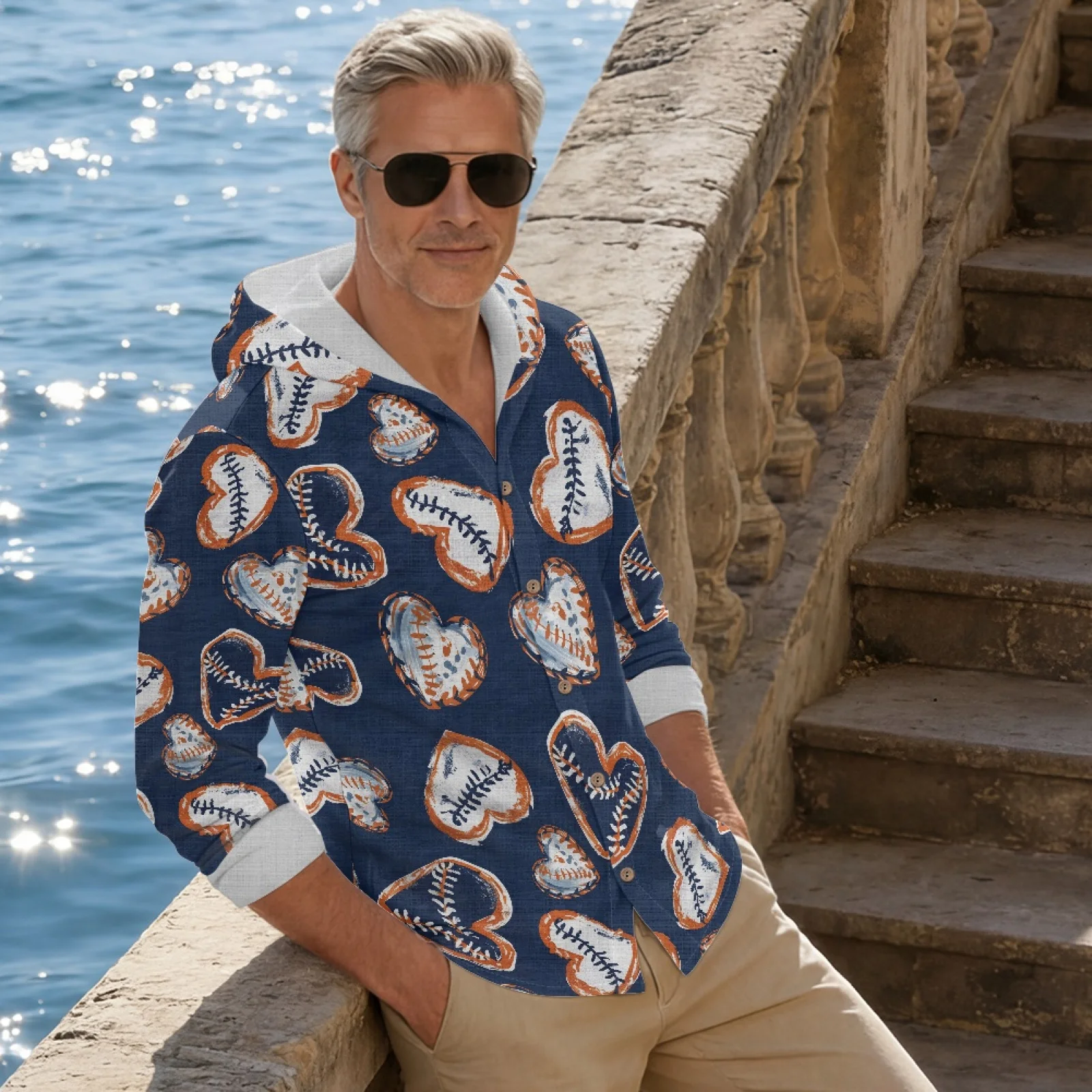 PENSTROLL Moletom Casual com Estampa de Coração de Beisebol, Corte Relaxado, para Pai, Estilo Linho, Camisa Casual de Verão com Botões, Moletom para T