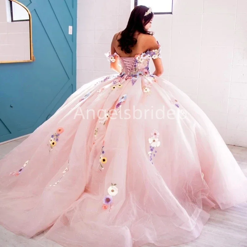 Angelsbride Princess Pink Ball Gown Quinceanera Dresses With 3D Colorful Flowers Formal Cinderella Birthday