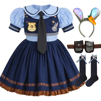Judy Cosplay Kostuum Kinderen Carnaval Feestjurk Stropdas Hoofdtooi Riem Sokken Sets Meisjes Politie Rollenspel Film Uniform Verjaardagscadeau