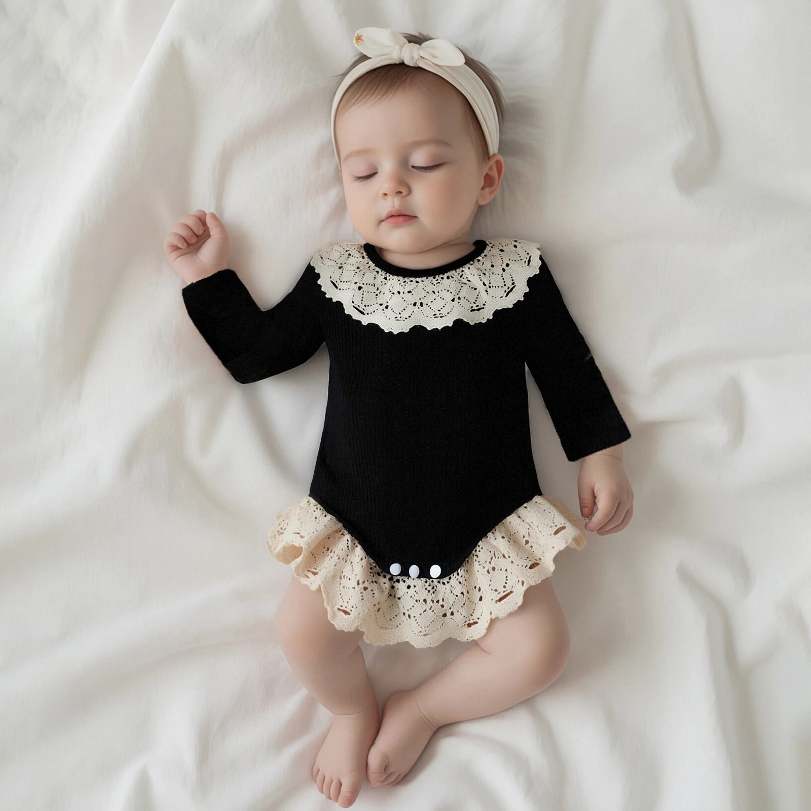 

Suefunskry Infant Baby Girl Autumn Casual Romper Long Sleeve Round Neck Lace Trim Jumpsuits