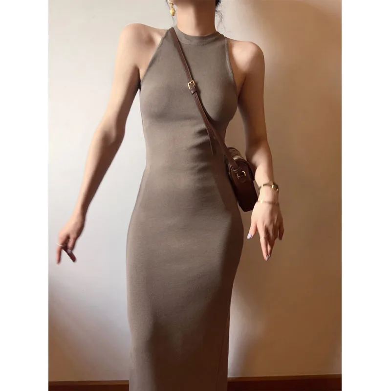 Vintage Halter Knitting Sling Affordable Women 2024 Summer Off Shoulder Slim Sexy Solid Color Wrap Buttocks Sleeveless Dress