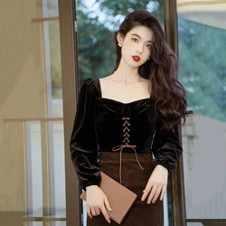 Velvet Lace-up Crop Shirts Women Autumn Korean Chic Square Collar Slim Blouses Black Elegant Office Ladies Long Sleeve Tops New