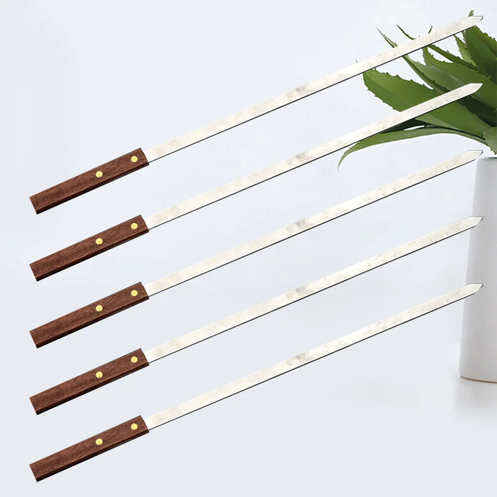 

5Pcs Stainless Steel Bbq Skewers Flat Shape Rustproof Meat Skewers Reusable Bbq Sticks Wooden Handle Perfect for Outdoor