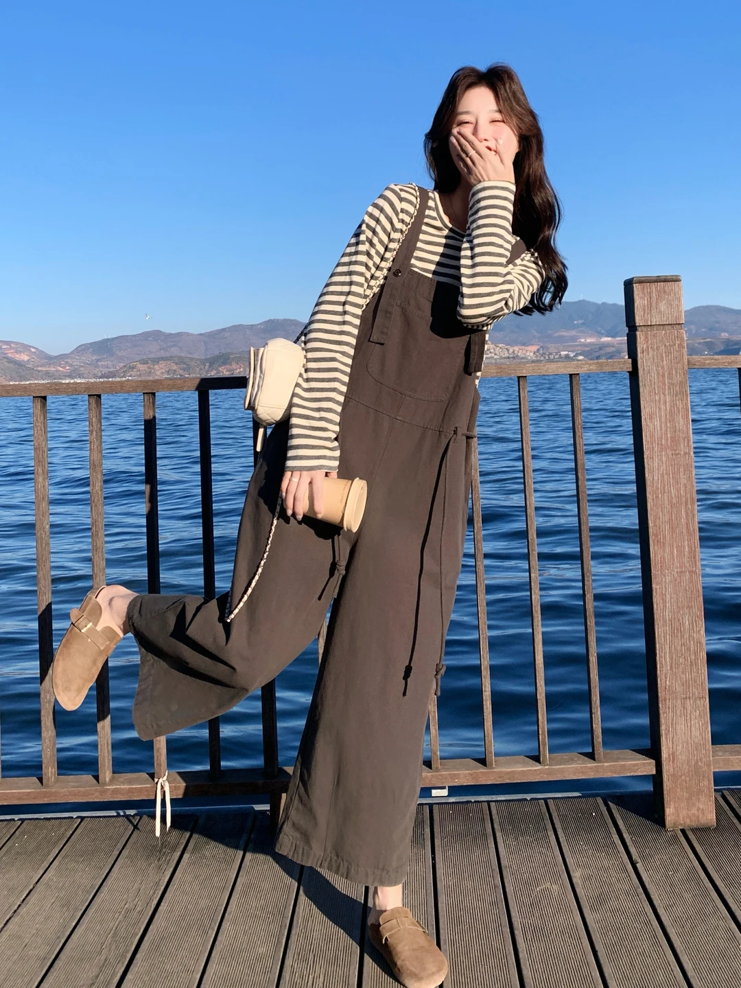 

Korean College Sle Striped Two-Piece Set Women's orties Spring New Arrival High Waist Long Sve round Ne Jumpsuit