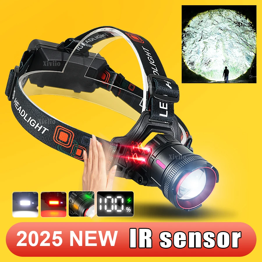 

Индукционный переключатель, мощный налобный фонарь, 5200 мАч, перезаряжаемый налобный фонарь, 7 режимов, водонепроницаемый, подходит для длительного рабочего освещения