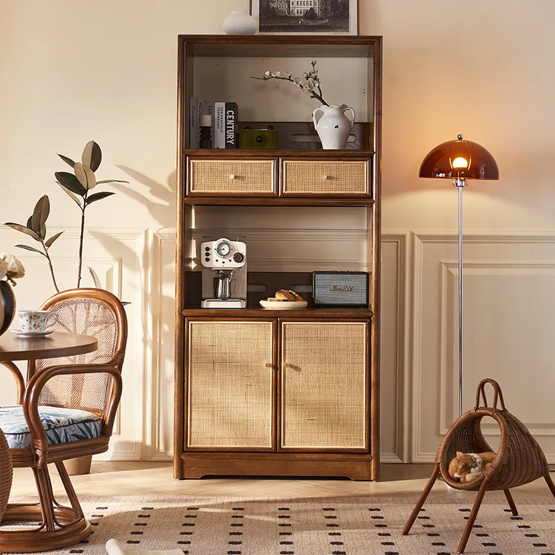 Solid wood rattan dining side cabinet Small apartment double cabinet door with drawer Large capacity storage high cabinet