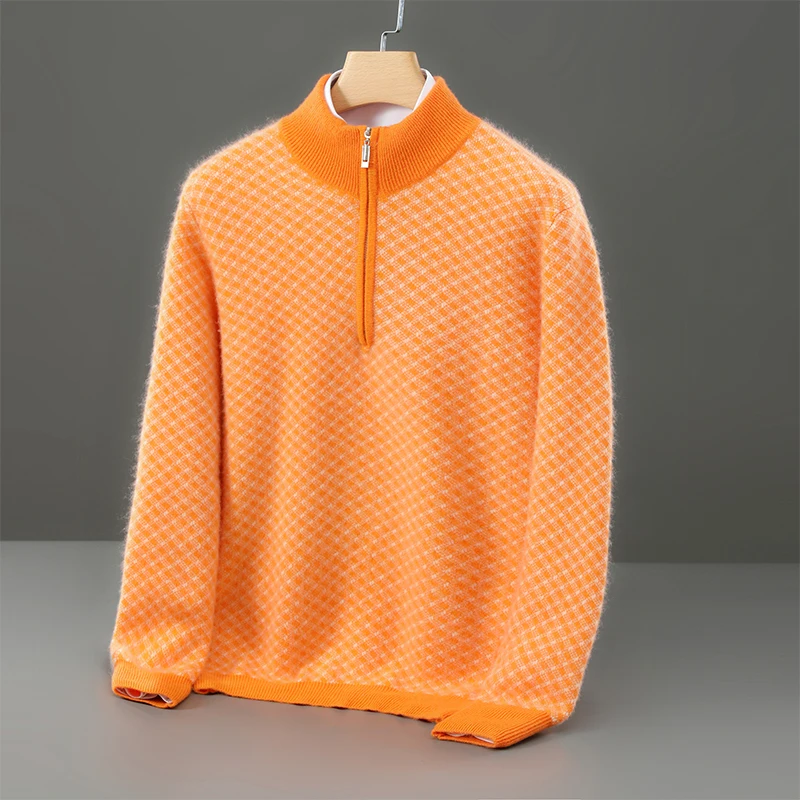 Autumn Winter New Men's Half Zipper Pullover 100% Merino Wool Knitted Sweater Casual Jacquard Half High Neck Men's Clothing Warm