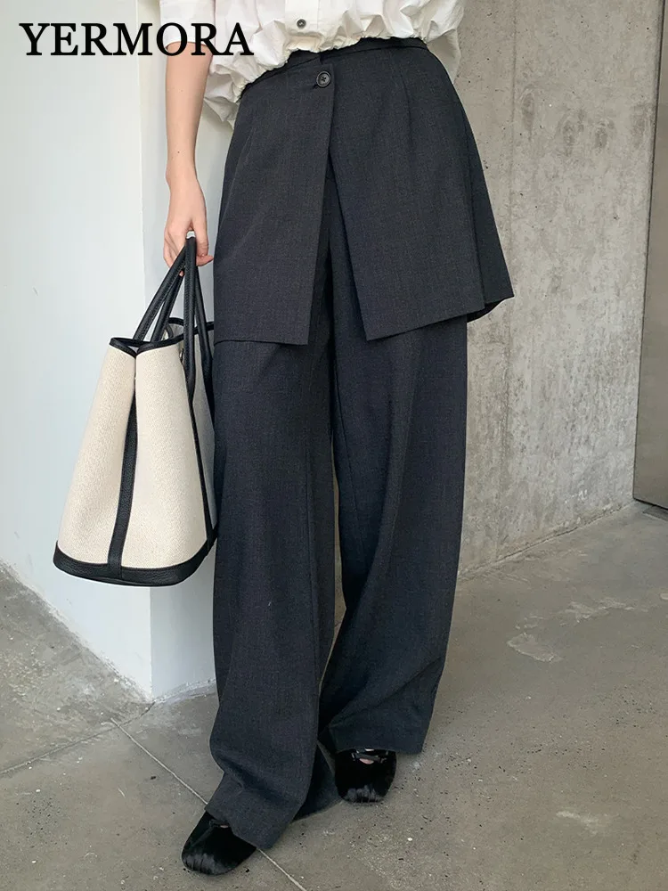 

YERMORA High Waist Black Fake Two Pieces Set Wide Leg Pants For Women Loose New Trousers Fashoin Tide Spring Autumn 2025