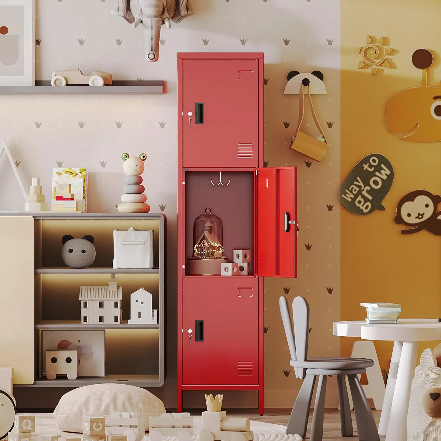 خزائن معدنية مطورة قابلة للقفل بثلاثة أبواب مع خطافات لصالة الألعاب الرياضية والمكتب المنزلي والمدرسة، تتطلب التجميع، أحمر، 66 بوصة ارتفاع * 15.75 بوصة عرض * 15.75 بوصة عمق