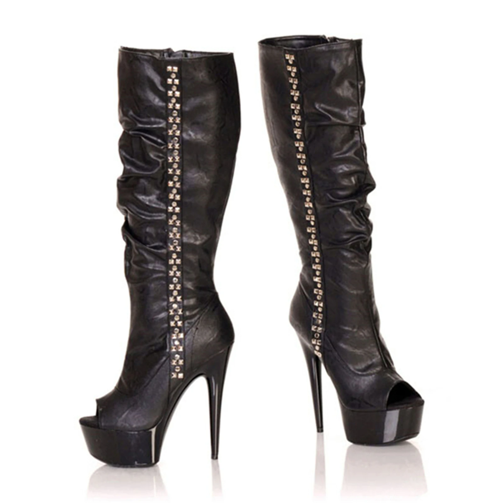 

Gothic Punk Fetish Boots 15CM High Heel, Black Open Toe Lace Up Thigh High Boots for Drag Queen Performance, Club Wear