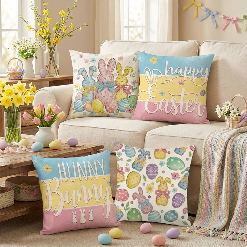 Easter Bunny Cushion Covers Set Of 4,45 x 45 cm Spring Home Decorative Throw Pillow Covers for Sofa Bed Home Ornament
