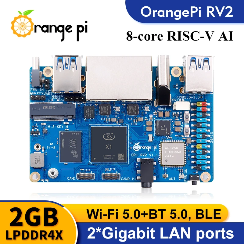 Orange Pi RV2 2GB RAM RISC-V AI Development Board 2 TOPS NPU WiFi+BT5.0 Gigabit Ethernet SBC M2 NVMe SSD Single Board Computer