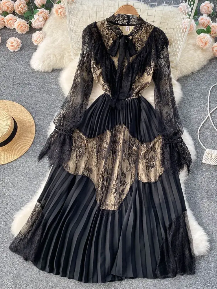 

Spring Summer Elegant Sexy Women Vintage Lace Long Sleeve Bow Neck Robe Femme OL High Waist Casual Slim Party Dresses