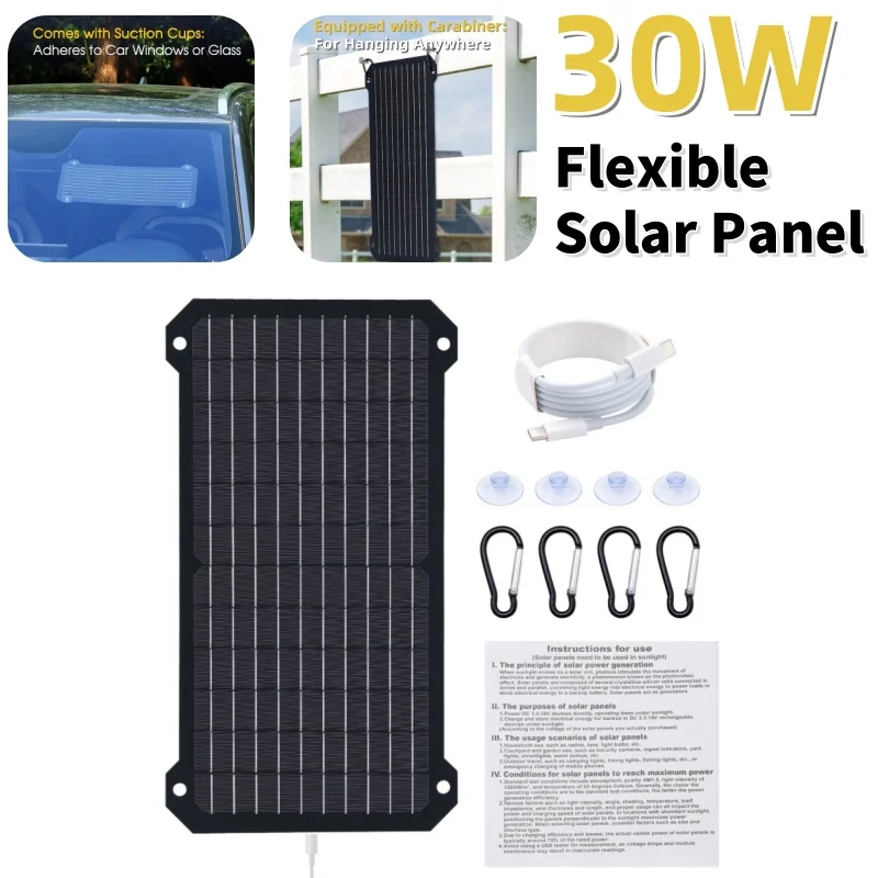 30W Flexible Monocrystalline Solar Charging Panel Type-C/USB Output Portable Solar Charging Panel for Mobile Phone Tablet Camera