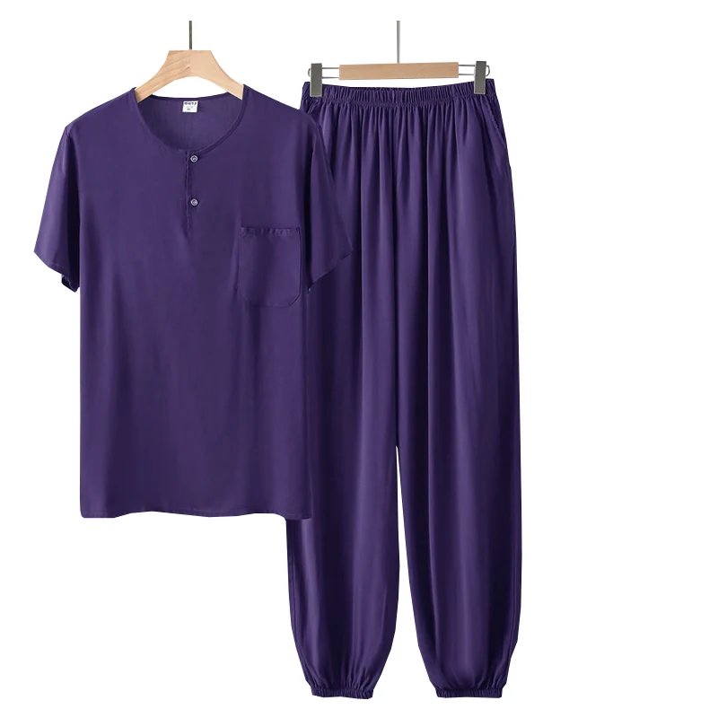 Summer Cotton Silk Men's Suit Short Sleeve Round Neck T-shirt and Trousers 2 Simple Comfortable Cool Pajamas Soft Home Wear