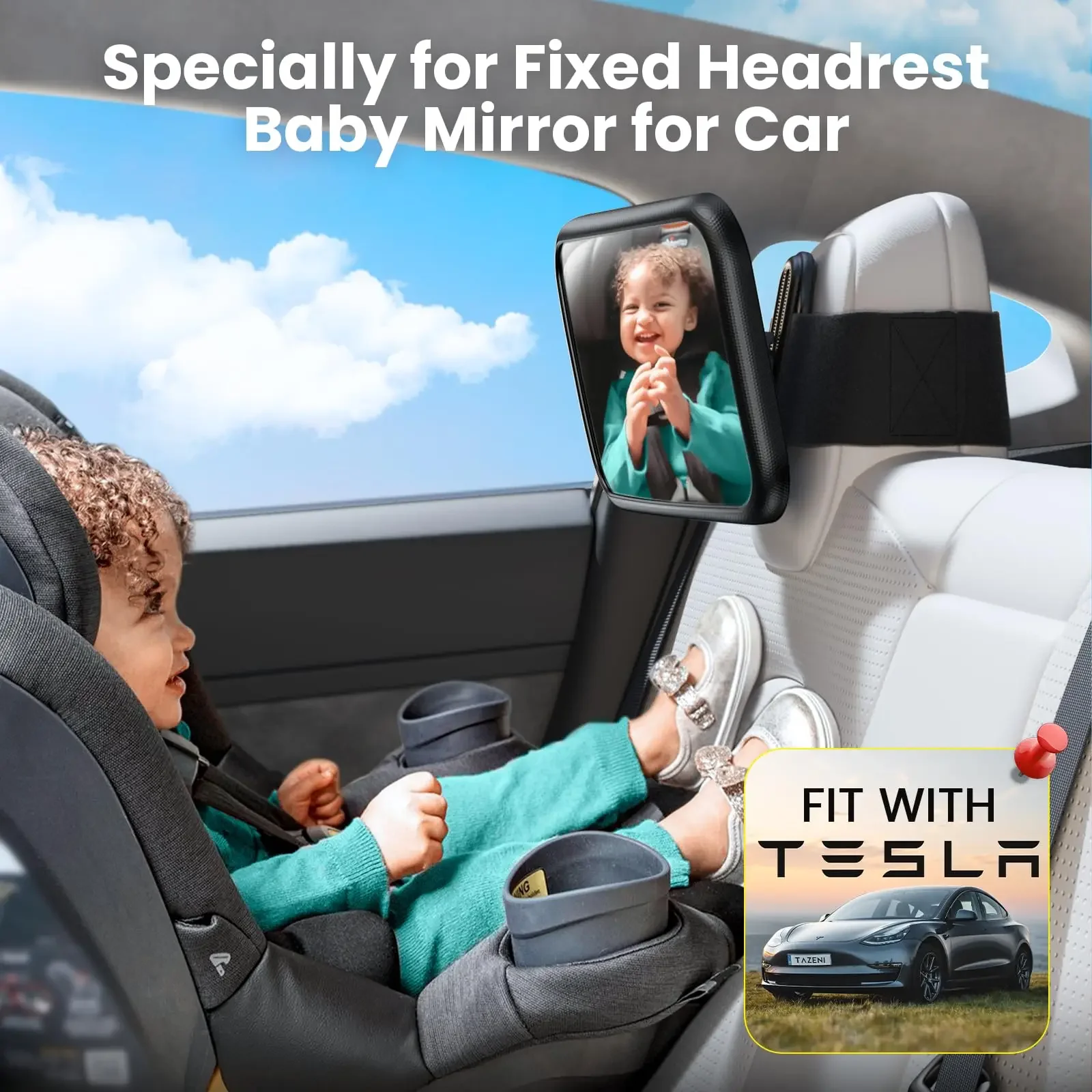 Baby rear view fixed headrest car rearview mirror for Tesla shatterproof 360° wide field of view,  shake stable Velcro strap