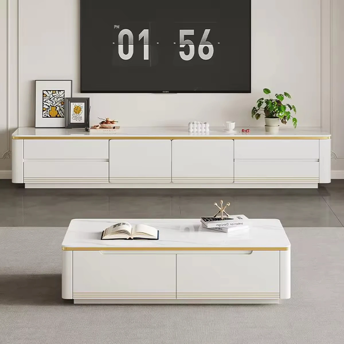 K*-Modern Luxury Sintered Stone Top TV Cabinet TV Stand and Coffee Table Set with Gold Trim and Storage Drawers for Living Room