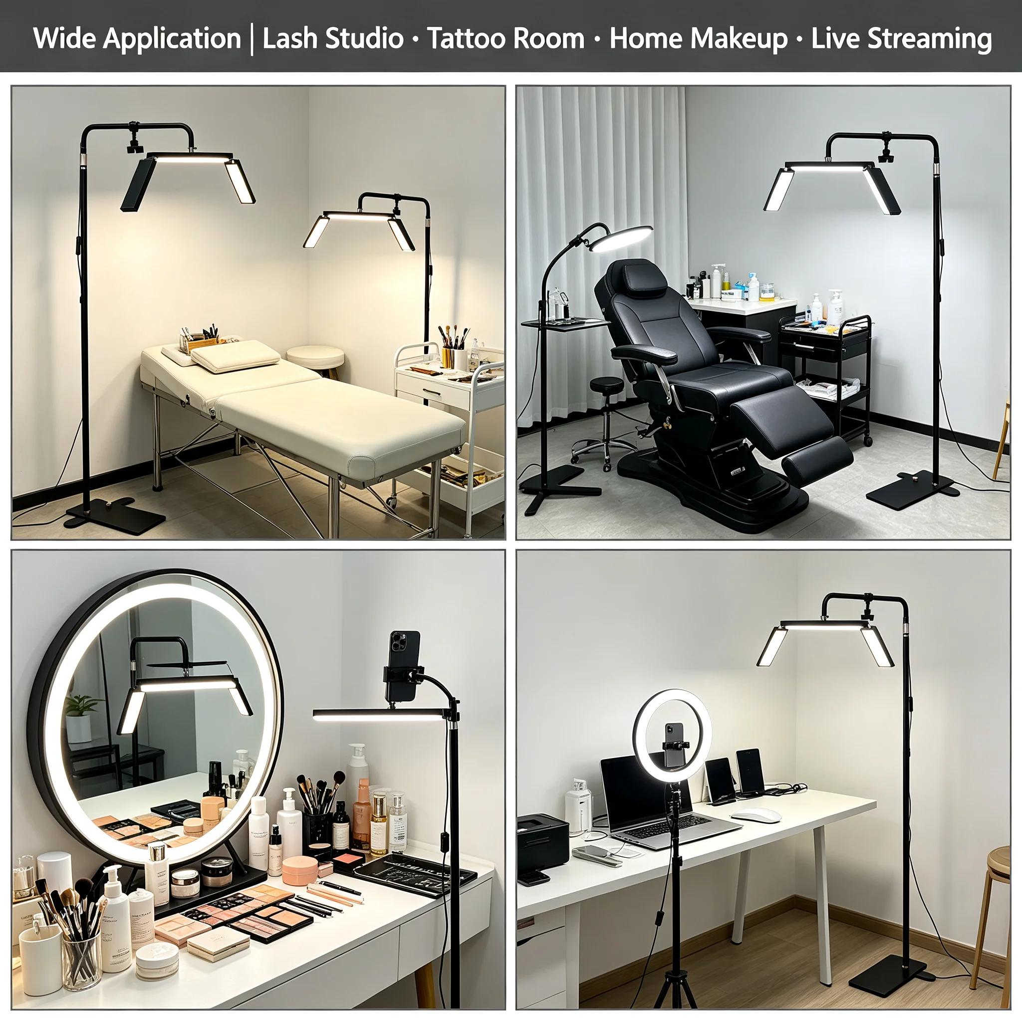 Half Moon LED Lash Light 40W, Adjustable 3200-5600K & 10-100% Dimming, 360° Rotatable Floor Lamp with Phone Holder & Remote Control, for Eyelash Extensions Tattoo PMU Salon SPA, Black