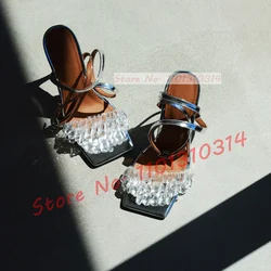 Clear Drip Crystal Ankle Wrap Sandals Women Open Square Toe Silver Mirrored Leather High Heels Shoes Summer Party Pvc Sandals