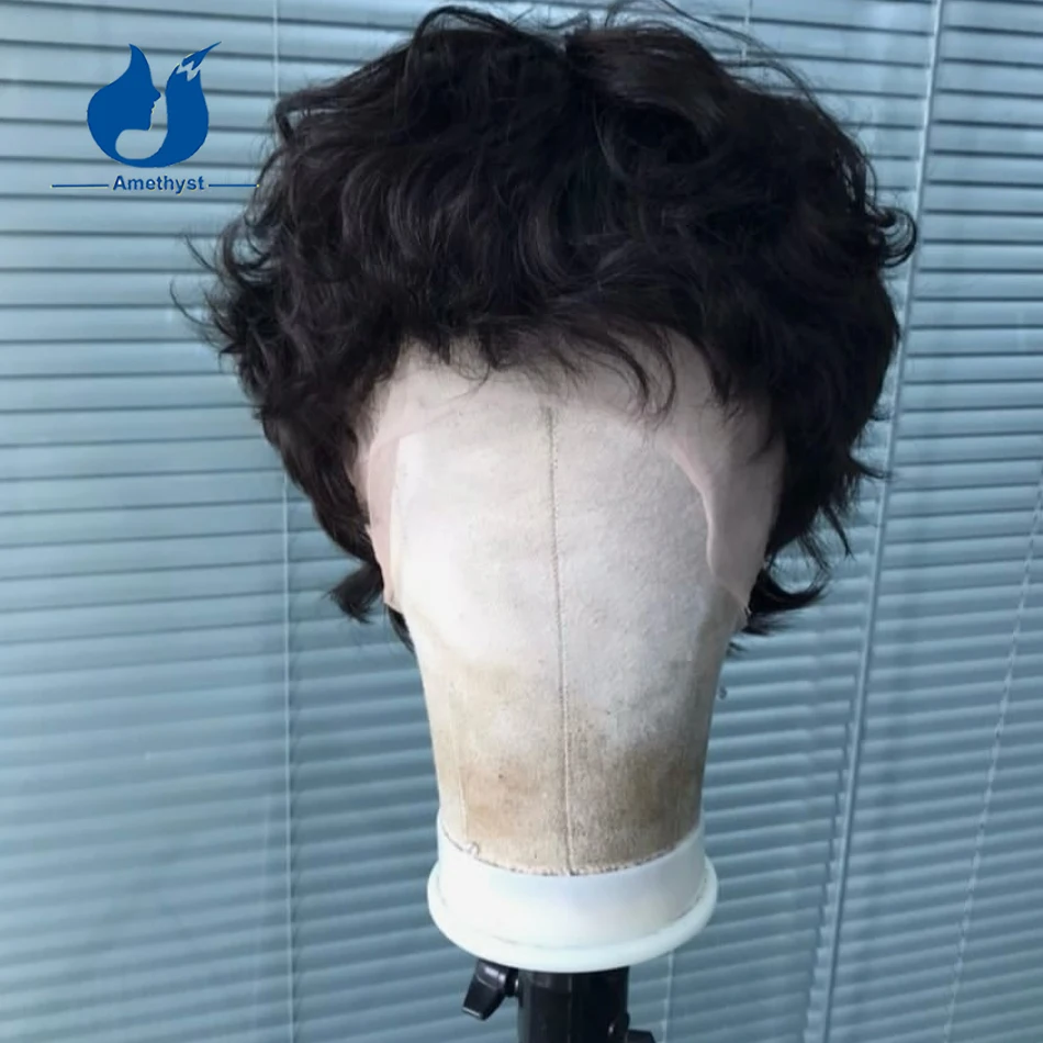 

Мужской парик из натуральных волос Amethyst Curly Short Black, полностью на швейцарской прозрачной сетке, из бразильских волос Remy, стрижка пикси.