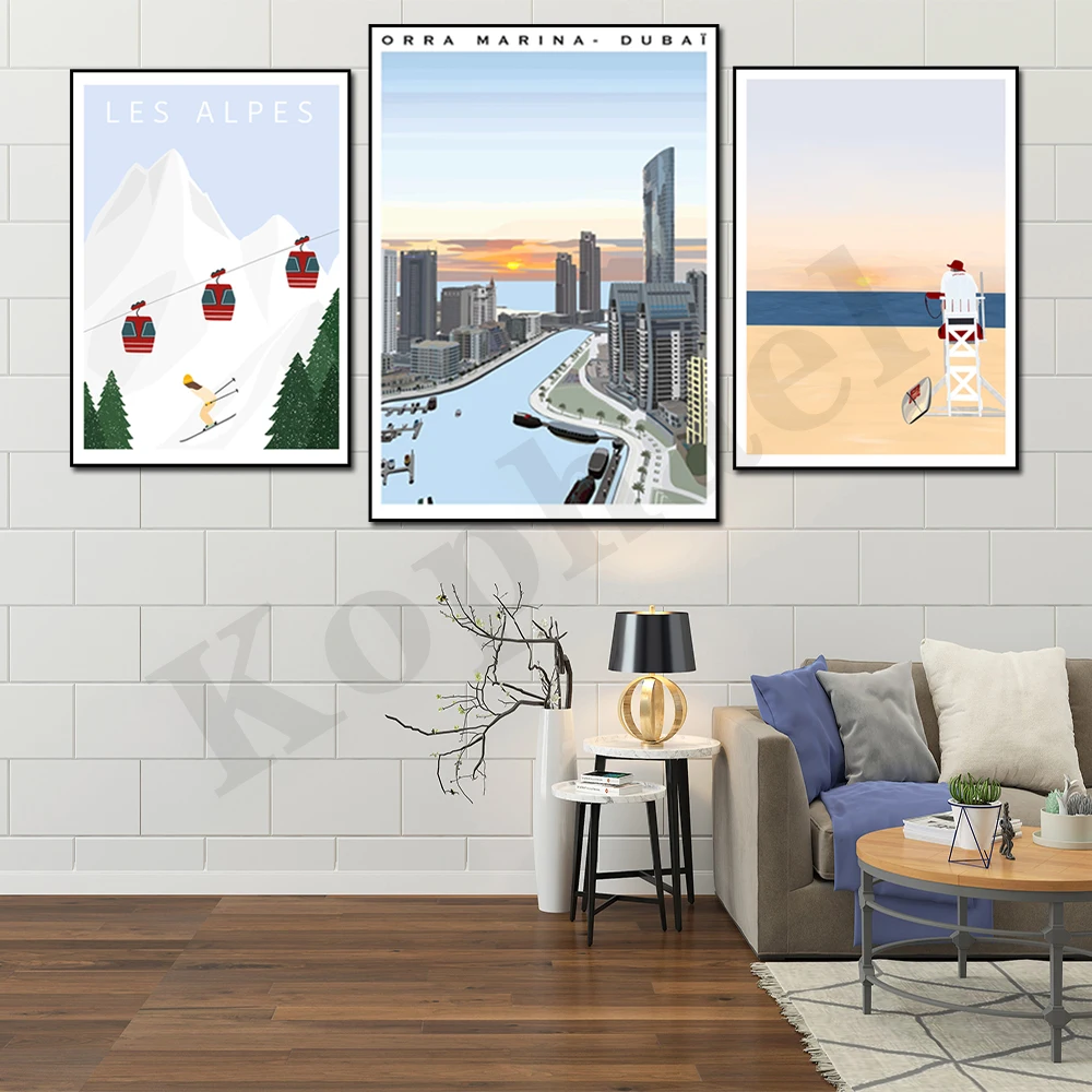 Dubai Marina Alps Winter Skis Ocean Beach Lifeguards City Travel Scenic Gift Ideas Home Wall Decor Art Canvas Paintings
