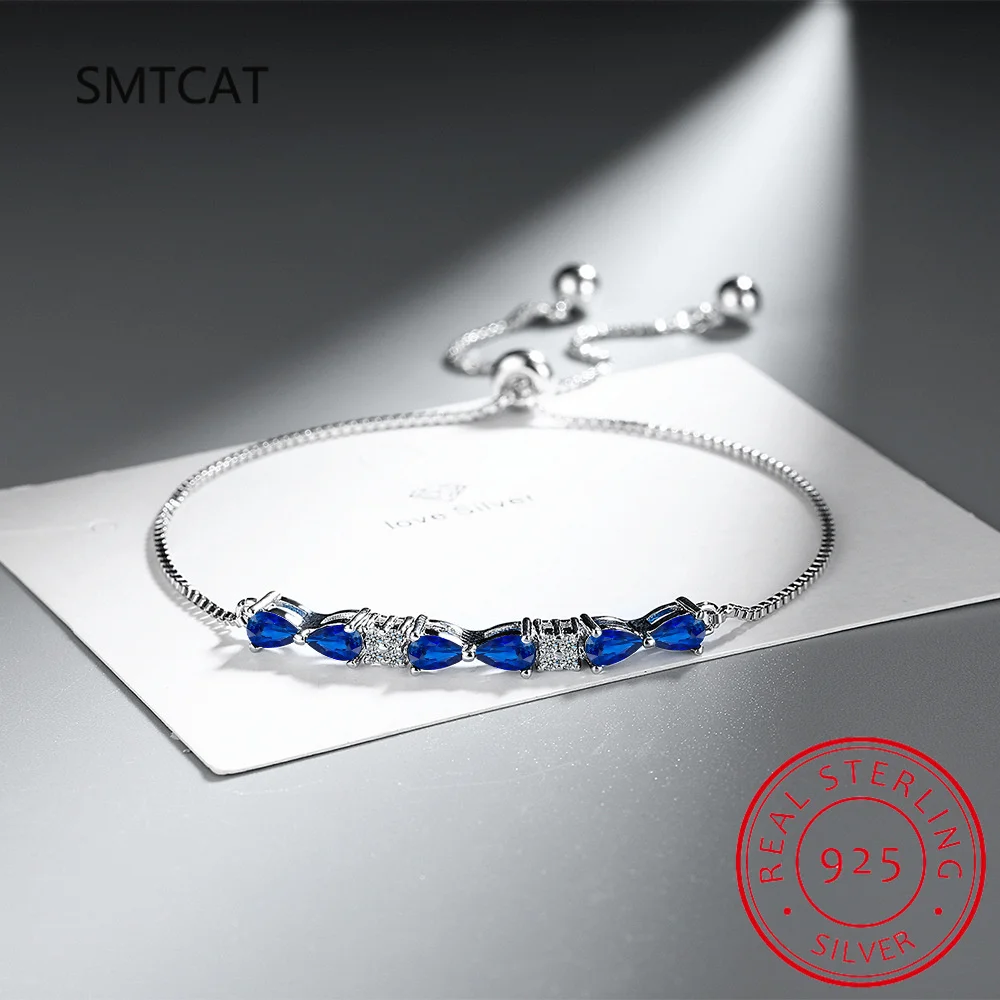 Pear Cut Blue Sapphire 925 Sterling Silver Bowknot Bracelet Adjustable for Women Statement Gemstone Jewelry Pulseiras De Prata