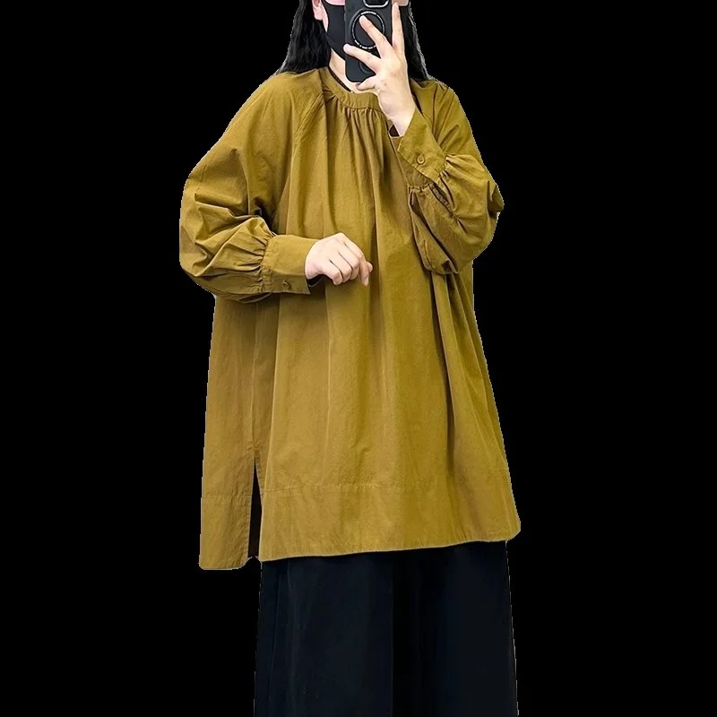 

Retro round Ne Loose Fit Long Sve Women's irt Sli Casual Top Comfortable Breathable Material Commute Sle