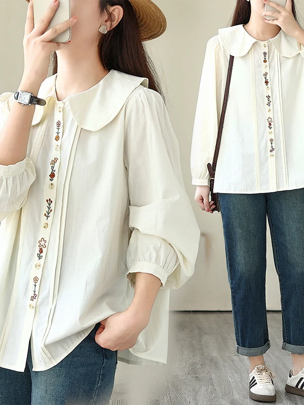 

Artistic Doll Collar Long Sve Embroidered irt Women's Autumn Loose Sweet Sle Top Large Size Casual Faion Inner Wear