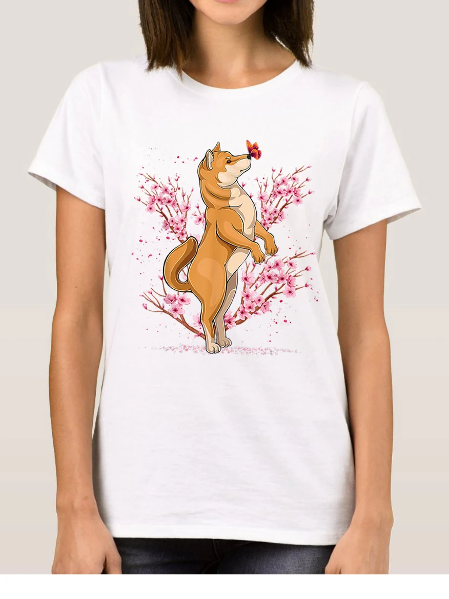 FLC 100% Baumwolle Japanischen Shiba Inu Kawaii Frauen T Shirt Kirsche Blossom Unisex Tops Sakura Bäume Casual Grafik Weibliche T hemd