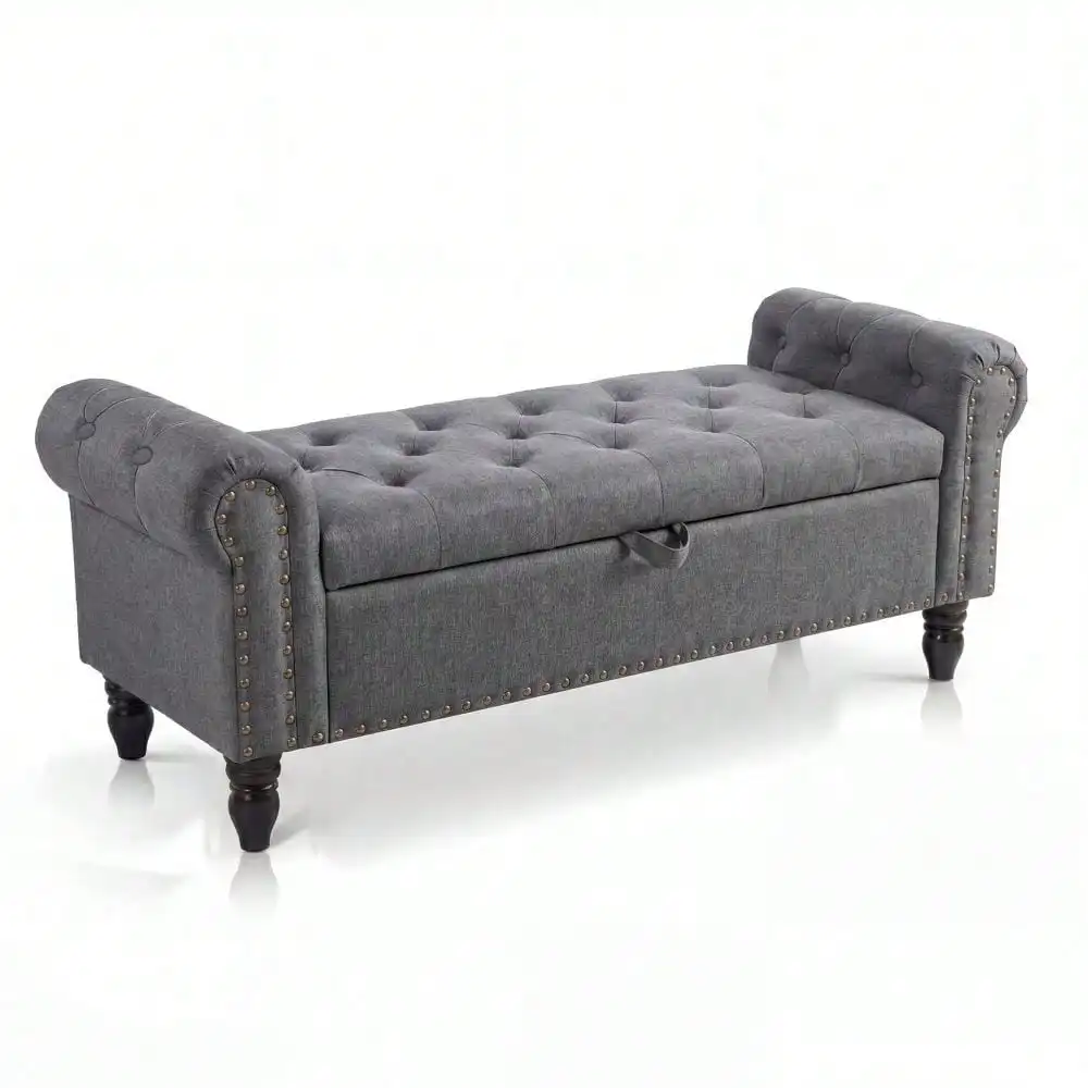 Gaderth Storage Ottoman,Upholstered Ottoman Bench,Bedroom Storage Bench,End Of Bed Bench With Button Tufted Design And Rolled Arms,Entryway Bench With Safety Hinge For Living Room Closet
