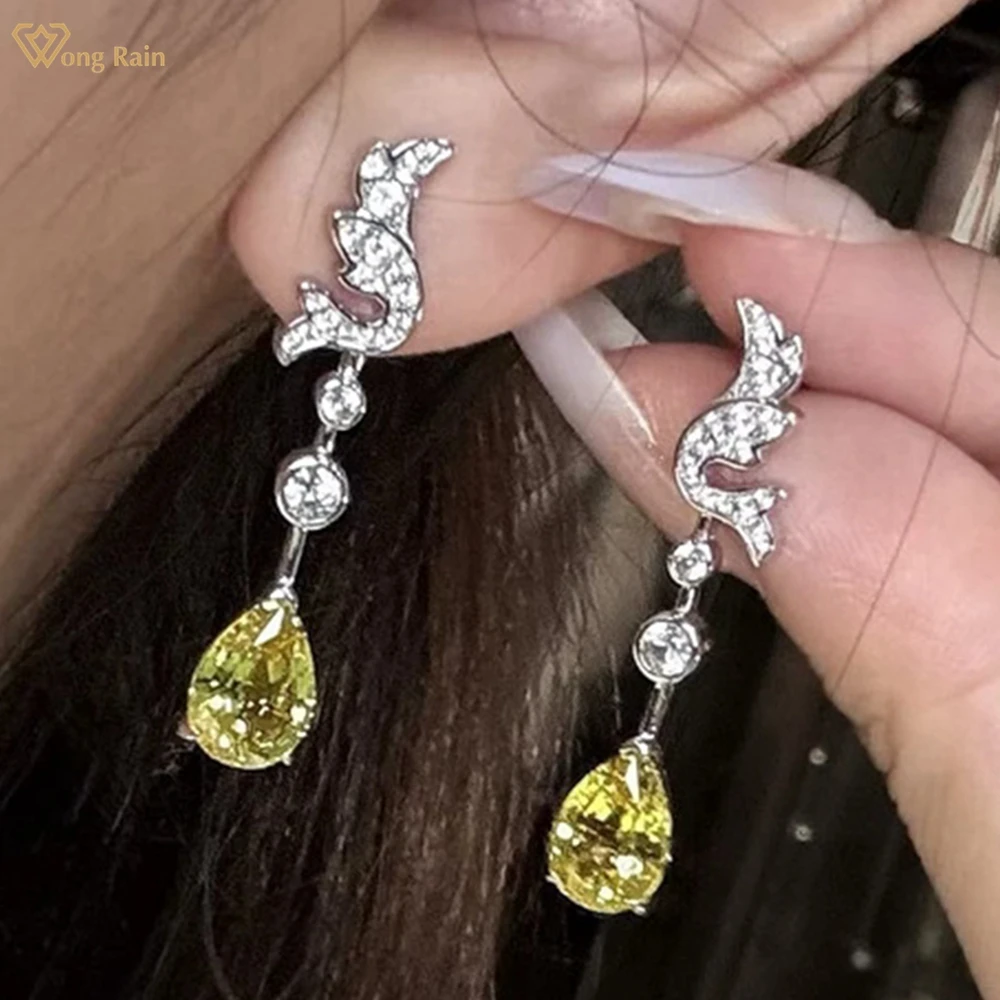 

Wong Rain Sparkling 925 Sterling Silver Pear Cut 7*10 MM 3CT Yellow Sapphire High Carbon Diamond Gems Drop Earrings Fine Jewelry