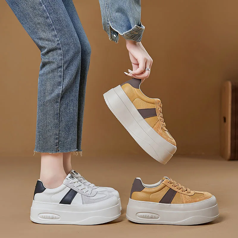Women's Foam-soled Genuine Leather Shoes 2025 Autumn New Thick-soled Elevator Sports Shoes Fashionable Casual and Versatile Shoe