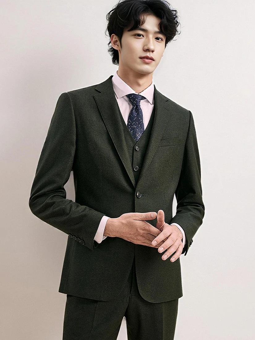 100% Australian Wool Men's Suit Set Olive Green Luxury Wedding & Business Suit Blazer Pants Groom Tuxedo for Formal Occasions
