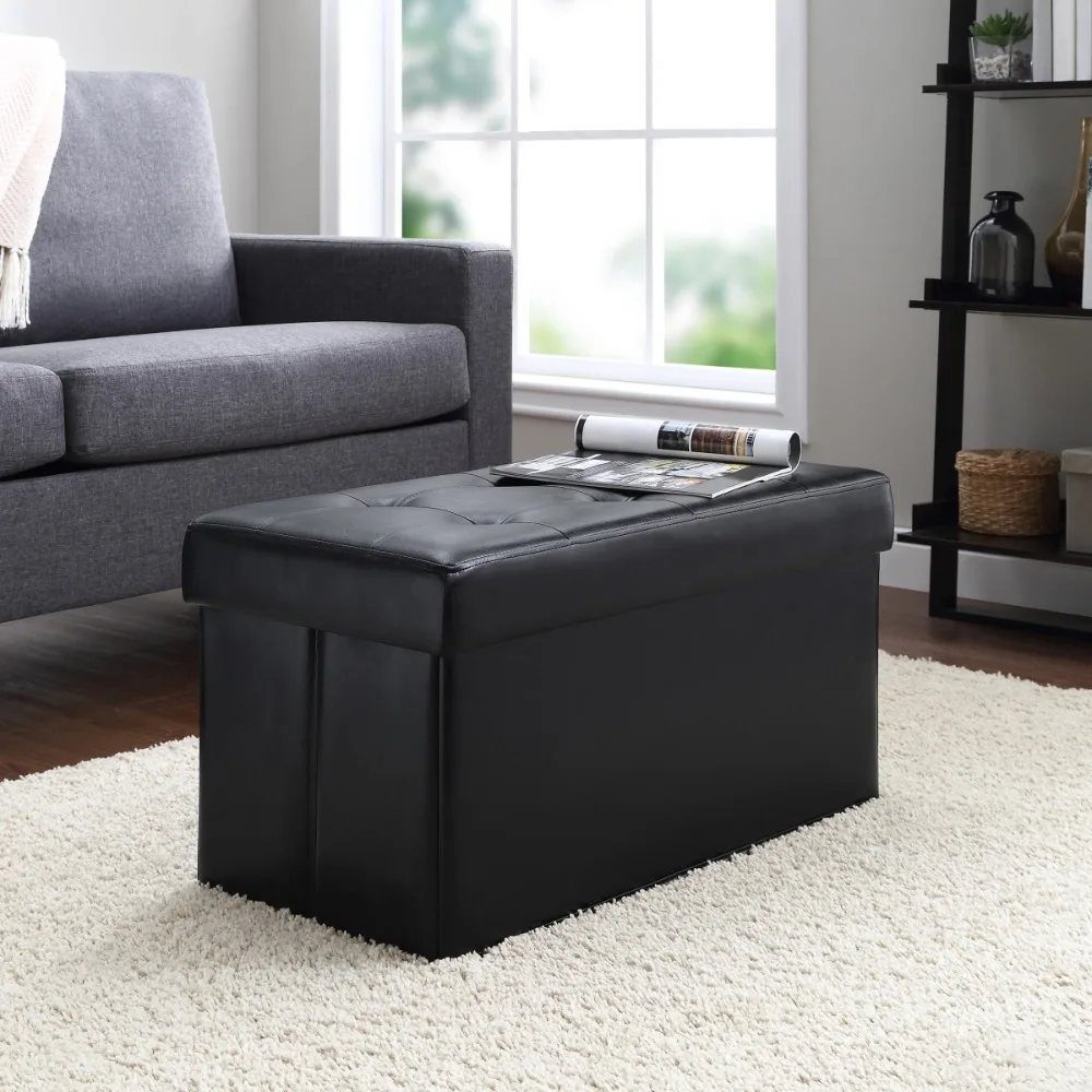 2023 New Mainstays 30-inch Collapsible Storage Ottoman, Quilted Black Faux Leather