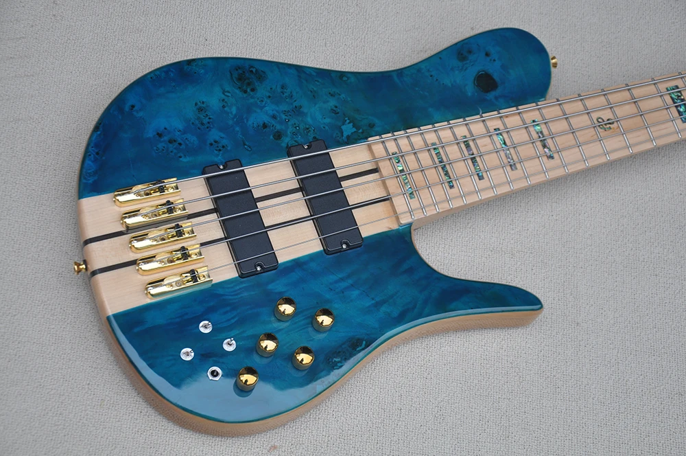 5 Strings Electric Bass Guitar with Burl Maple Veneeer,Maple Fretboard,Abalone Inlay