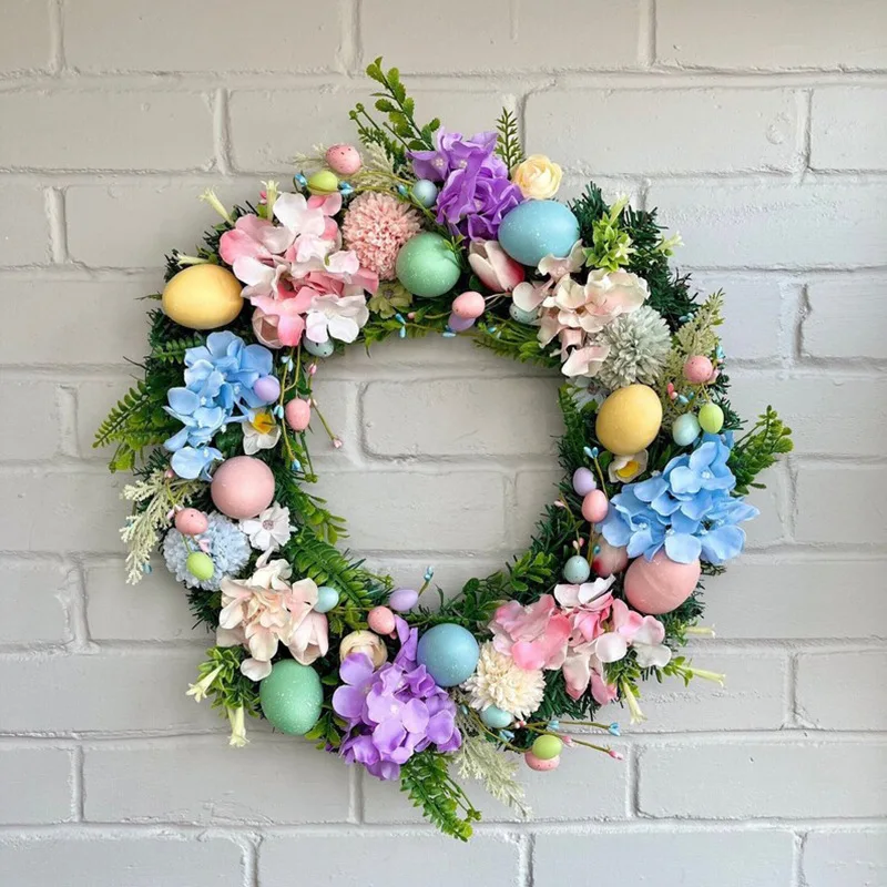 

Easter Egg Wreath Door Hanging Decoration with Pastel, Pink, Yellow, Green & Brown Eggs - Floral Wreath with Foliage, Durab