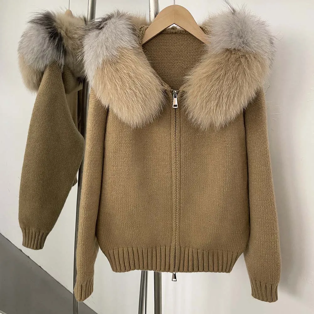 

Women Spring Fashion Natural Short Fur Coat Casual Knitwear Cardigan Knitted Jacket Female Autumn Hooded Real Fox Fur Coat