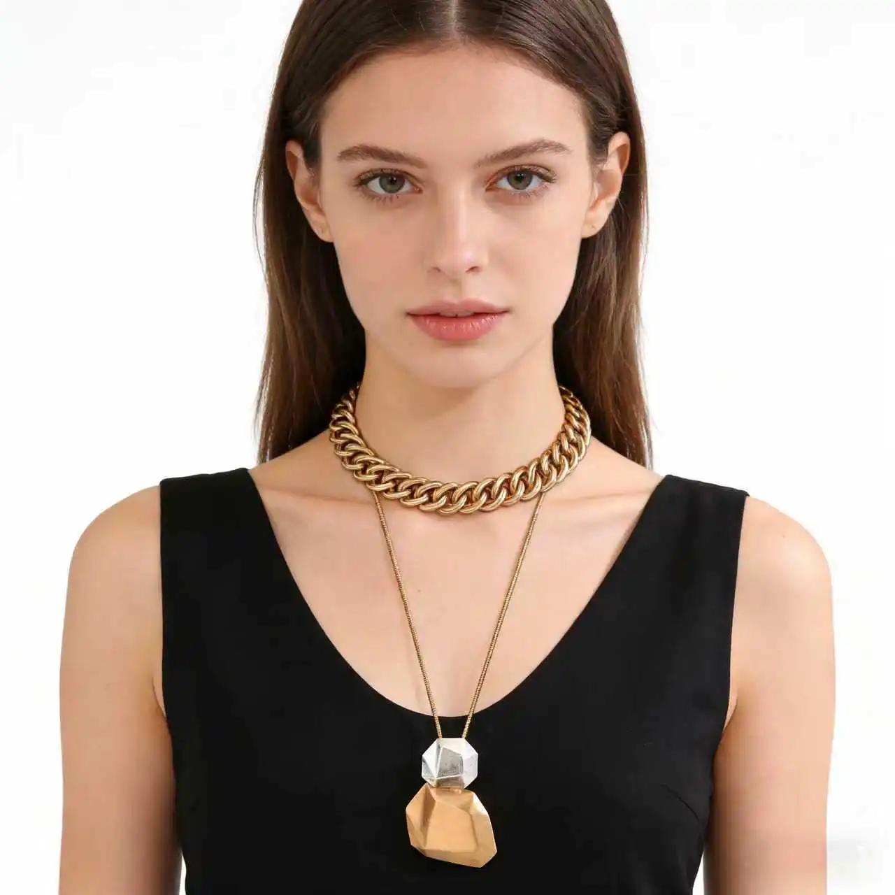 

Boho Large Geometric Pendant Necklace, Double Layer Snake Chain, Fashion Jewelry for Daily Wear Party Gift