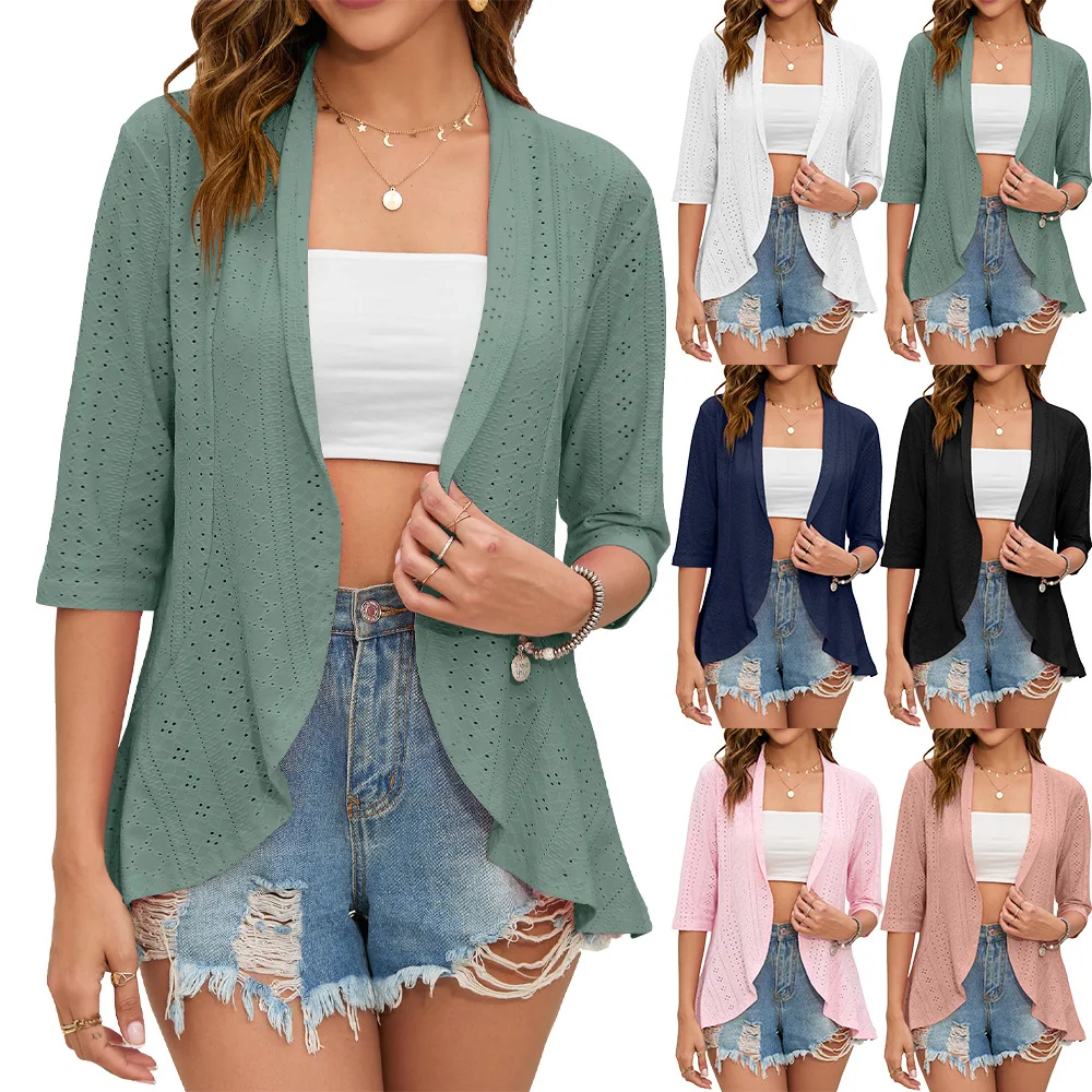 

Summer Solid Color Fashion Women Cardigan Coat Autumn Seven-Quarter Sleeve Splited Ruffled Elegant Casual Black White Tops Women