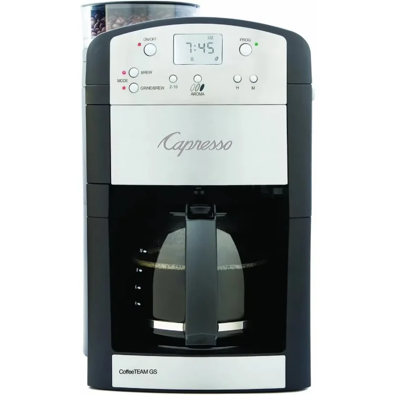 Capresso 464.05 CoffeeTeam GS 10-Cup Digital Coffeemaker with Conical Burr Grinder, Glass Carafe , Black , 15.5