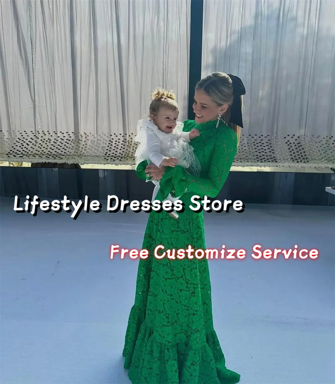 Customized Green Elegant Women Evening Gowns Long Sleeves Lace Prom Dresses High Neck Open Back A-Line Formal Party Dresses