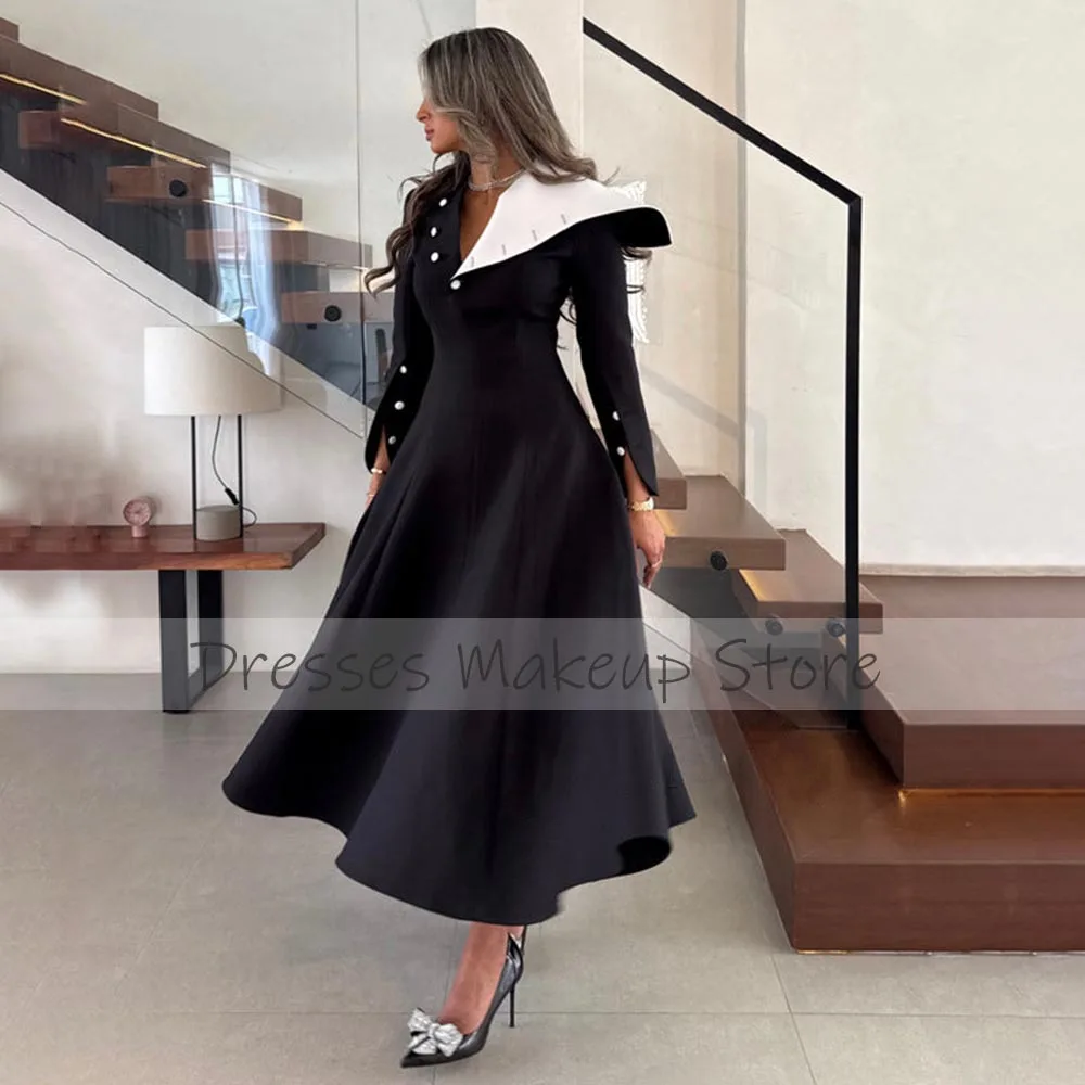 Elegant Prom Dress Midi A Line Long Sleeves Tea Length Short Evening Gowns for Women 2025 Black White Buttons Modern Party Dress image 3