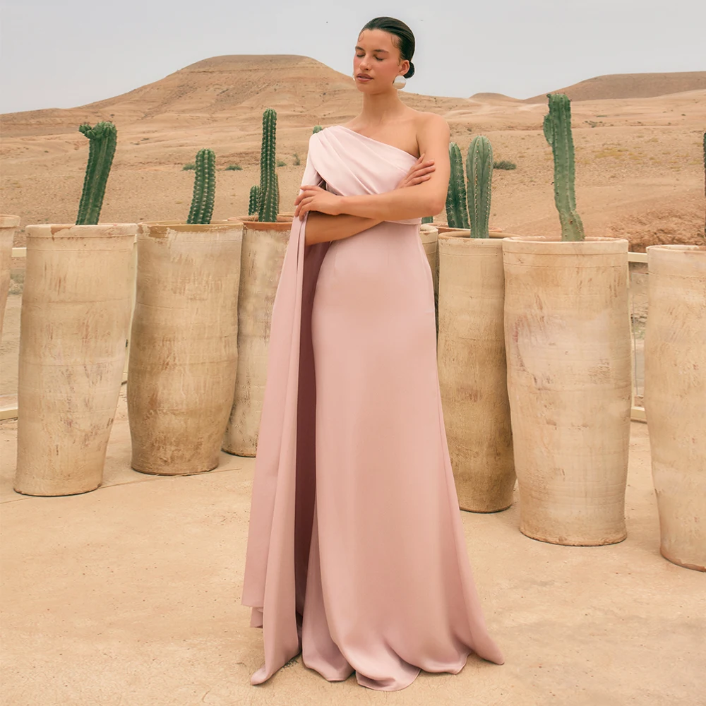 

2025 Women's Evening Dresses Long One Shoulder Cloak Sleeve Mermaid Wedding Guest Gowns Pleated Satin Simple Formal Party Gown