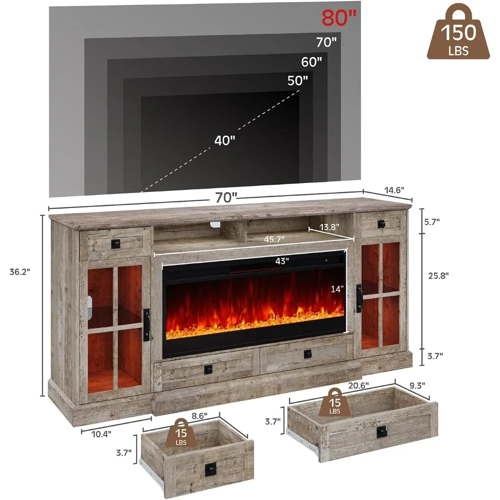 TV Stands Farmhouse Fireplace TV Cabinet, 70 Inch Large Cabinet with Illuminated Glass Door Cabinet/drawer/adjustable Shelf