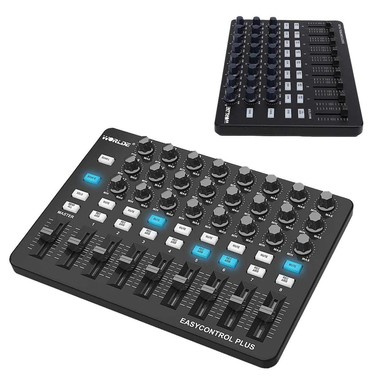 Controlador MIDI Worlde Easycontrol Plus – 24 potenciómetros, 9 deslizadores, 18 botones, 16 bancos de memoria, integración profunda con Ableton Live, para presentaciones en vivo