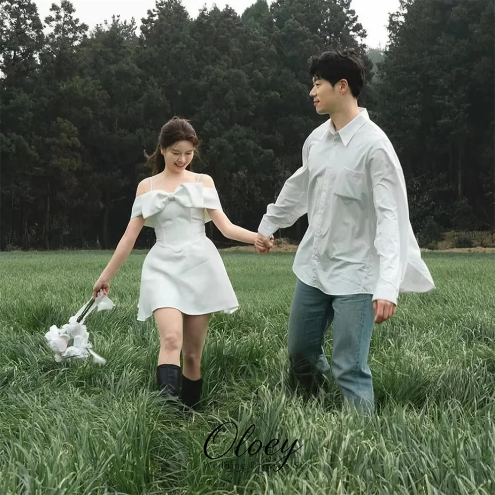 OLOEY Playful Off The Shoulder Bow Korea Wedding Dress Photo Shoot  A-Line Satin Spaghetti Strap Mini Bridal Gown Customized
