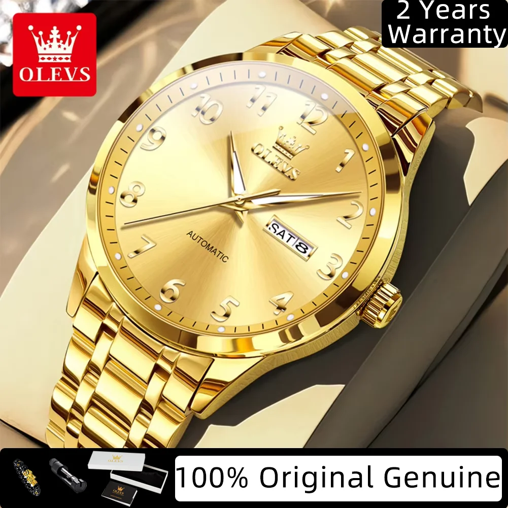 

Мужские часы OLEVS, оригинальные автоматические механические часы для мужчин, светящиеся водонепроницаемые роскошные деловые наручные часы с двойным календарем 7078